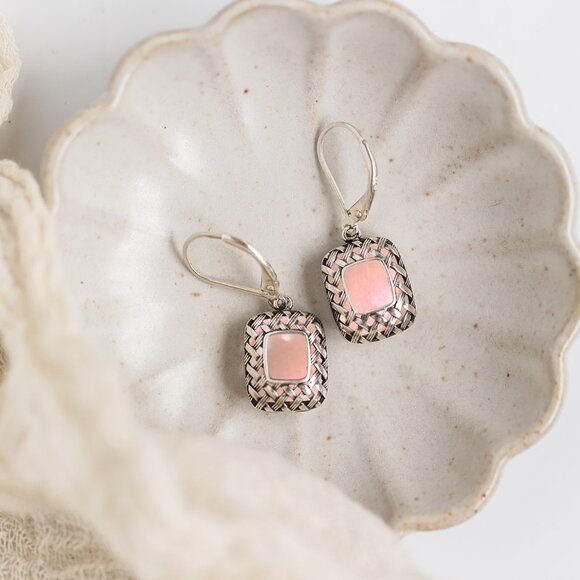 Recycled Antique Pink Depression Glass Vintage Quilted Square Earrings - Picture 3 of 6